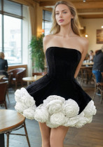Women sexy velvet wrap chest white rose puffy dress