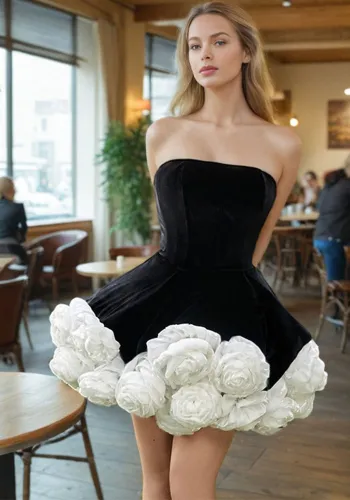 Women sexy velvet wrap chest white rose puffy dress