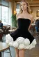 Women sexy velvet wrap chest white rose puffy dress