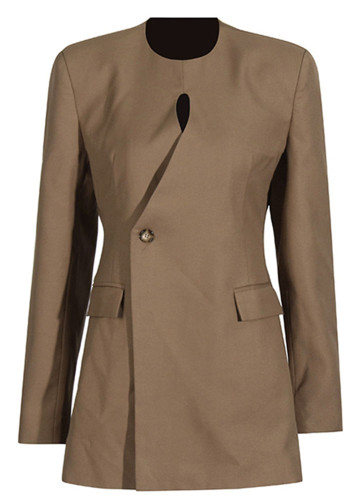 Women Solid Round Neck hollow irregular Blazer