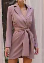 Women Turndown Collar Lace-Up Blazer Dress