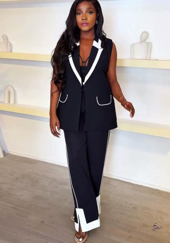 Women casual contrasting vest and Pants Two Piece Set