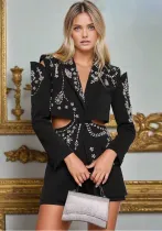 Women rhinestone beaded Open Waist long sleeve Blazer