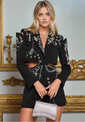 Women rhinestone beaded Open Waist long sleeve Blazer