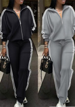 Women Turndown Collar Striped Zipper Top and PantsTwo Piece Set
