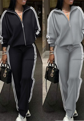Women Turndown Collar Striped Zipper Top and PantsTwo Piece Set