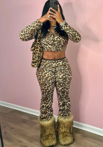 Women trendy sexy leopard print long-sleeved top and Pants Two Piece Set
