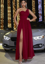 Autumn Winter Fashion Elegant One Shoulder Slim Pleated Formal Party Dress