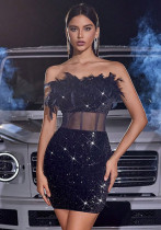 Autumn Winter Sexy Strapless Velvet Sequin Feather Formal Party Bodycon Dress