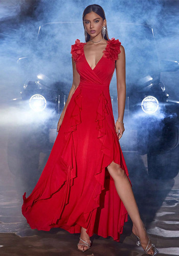 Summer Fashion Chic Flower Patchwork Chiffon Sleeveless Low Back Elegant Long Dress