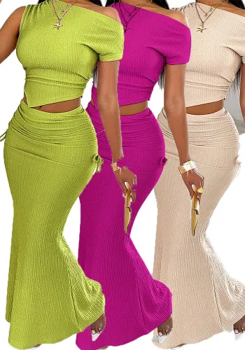 Elegant And Sexy Chic Solid Color Slash Shoulder Top  Pleated Fishtail Skirt Two Piece Set