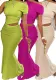 Elegant And Sexy Chic Solid Color Slash Shoulder Top  Pleated Fishtail Skirt Two Piece Set