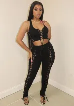 Women Soild Sleeveless Top and Pants Two Piece Set