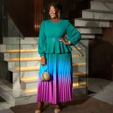 Women gradient lantern sleeve party pleated dress