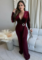 Women sexy v-neck long-sleeved Beaded wide-leg Jumpsuit