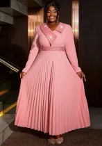 Women pink sequined v-neck pleated party dress