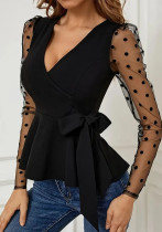 Women mesh patchwork V-neck long-sleeved lace shirt