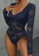 Women Square Neck Lace Patchwork Sexy Long Sleeve Bodysuit