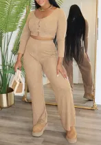 Women Soild long-sleeved Top and trousers Two Piece Set