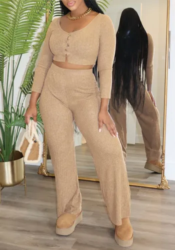 Women Soild long-sleeved Top and trousers Two Piece Set