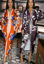 Women sexy v-neck long-sleeved printed dress