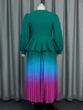 Women gradient lantern sleeve party pleated dress