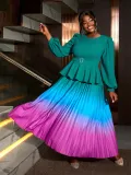 Women gradient lantern sleeve party pleated dress