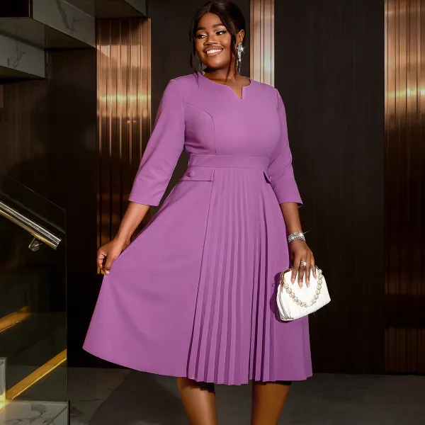 Plus Size Women elegant Soild pleated dress