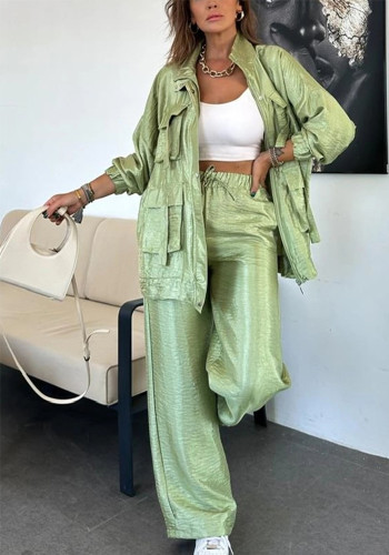 Women's Solid Color Fashionable Long-Sleeved Pockets Jacket Straight-Leg Trousers Two-Piece Set