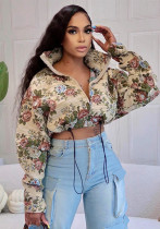 Women's Autumn Winter Jacquard Turndown Collar Zipper Long Sleeve Drawstring Crop Jacket
