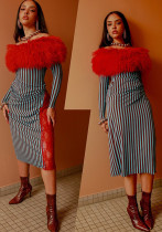 Autumn Winter Fashion Off Shoulder Trend Fur Patchwork Striped High Waist Slim Dress