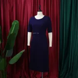 Women's Summer Fashion Round Neck Short Sleeve Solid Color Pleated Elegant Plus Size African Dress