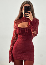 Women's Lace Patchwork Hollow Bell Bottom Sleeve Slim Waist Bodycon Dress