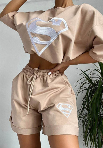Women's Summer Embroidered Sports Casual Shorts Two Piece Shorts Set