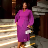 Women Turndown Collar Lantern Long Sleeve Asymmetric Pleated Dress