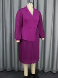Women Turndown Collar Lantern Long Sleeve Asymmetric Pleated Dress