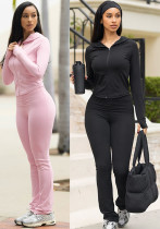 Women Solid Pleated Turndown Collar Zippered Hooded Top and Pants Two Piece Set