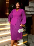 Women Turndown Collar Lantern Long Sleeve Asymmetric Pleated Dress