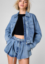 Women Spring Long Sleeve Denim Jacket and Cargo Shorts Two Piece Set