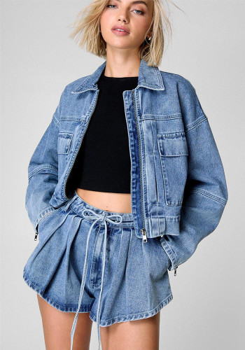 Women Spring Long Sleeve Denim Jacket and Cargo Shorts Two Piece Set