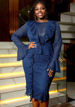 Plus Size Women Elegant Lace Formal Party Bell Bottom Sleeve Dress