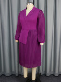 Women Turndown Collar Lantern Long Sleeve Asymmetric Pleated Dress