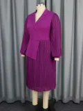 Women Turndown Collar Lantern Long Sleeve Asymmetric Pleated Dress