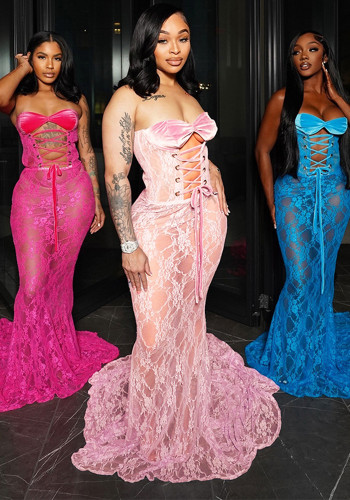 Women Mesh Lace-Up Strapless Dress