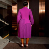 Women Turndown Collar Lantern Long Sleeve Asymmetric Pleated Dress