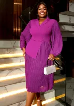 Women Turndown Collar Lantern Long Sleeve Asymmetric Pleated Dress