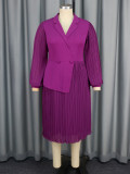 Women Turndown Collar Lantern Long Sleeve Asymmetric Pleated Dress