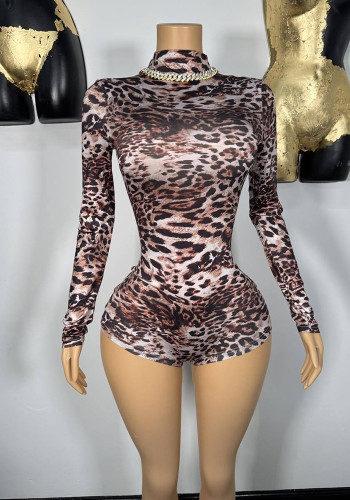 Women Trendy Long Sleeve Round Neck Leopard Print Sexy Jumpsuit