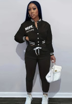 Women Spring Solid Print Top Baseball Jacket and Pants Two Piece Set