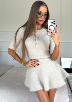 Women's Round Neck Short-Sleeved Knitting Shirt Mini Skirt Two-Piece Set